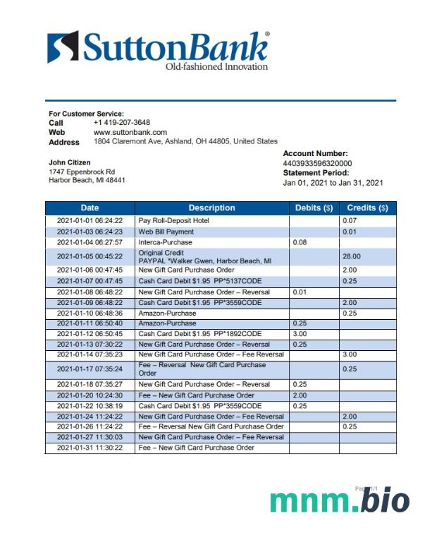 USA Ohio Sutton szablon wyciągu bankowego w .xls i .format pliku pdf